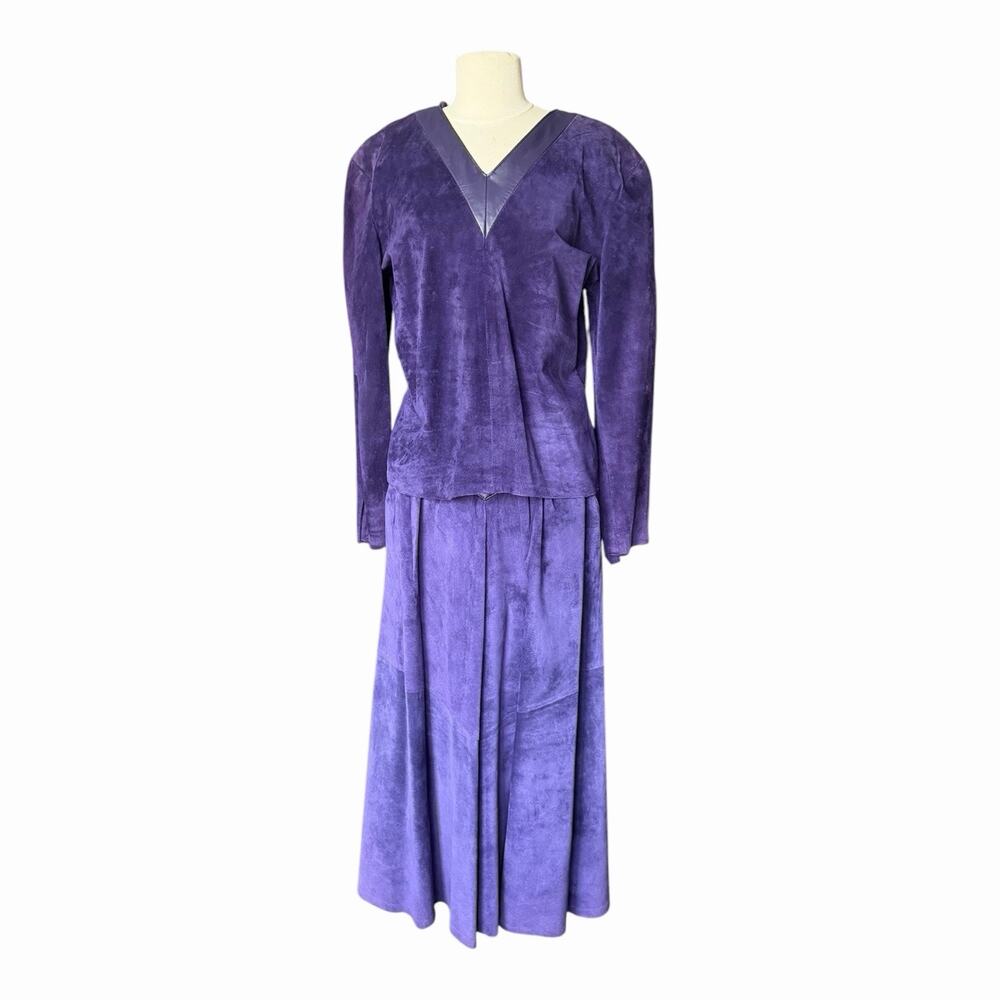 Vintage Liz Roberts Robert Elliott Purple Suede Two Piece Skirt Set Medium - Picture 1 of 16